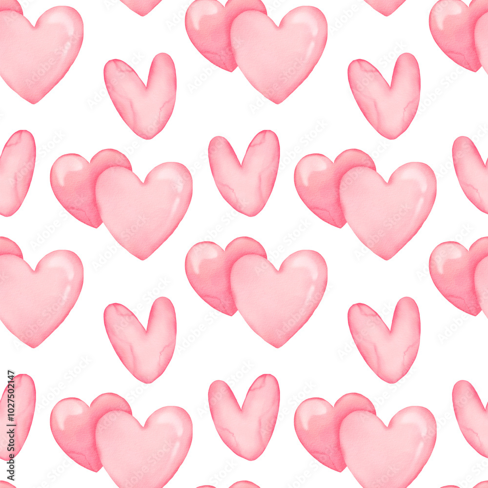 Tiny watercolor hearts seamless repeat pattern. Hand brush drawn cute painted Valentine's Day endless chaotic background, template. Artistic watercolor stains textured doodle heart shapes