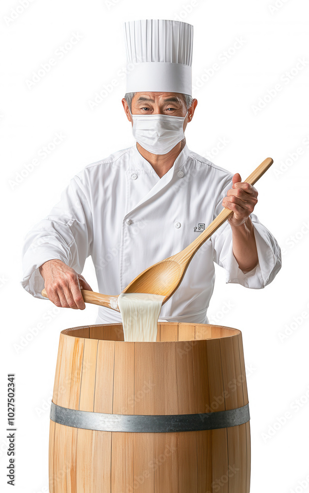 Chef Stirring Sauce in Wooden Barrel Chef Stirring Sauce in Wooden Barrel