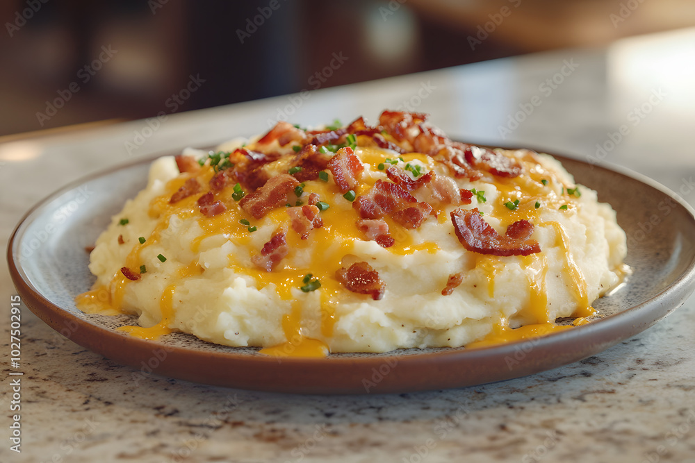 Mashed potatoes with cheese and bacon toppings on granite countertop. Mashed potatoes with cheese and bacon toppings on granite countertop.