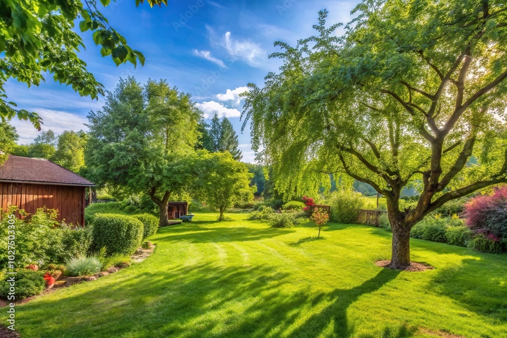 Countryside yard with trees and green foliage in summer
