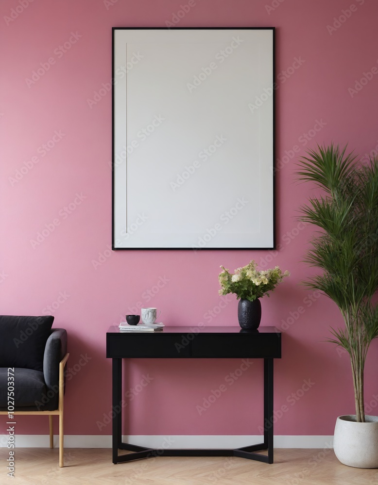 A modern living room interior design with a mock-up template, an empty poster frame on a pink wall 3d illustration, and an interior design mock-up image.