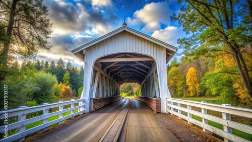 Covered bridge in Corvallis Oregon with wide-angle view photo