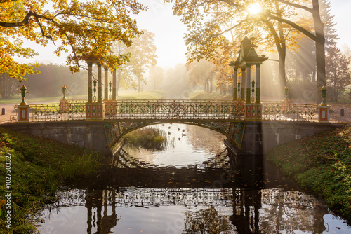 Chinese bridge on misty autumn morning in Alexander park, Pushkin (Tsarskoe Selo), Saint Petersburg, Russia photo