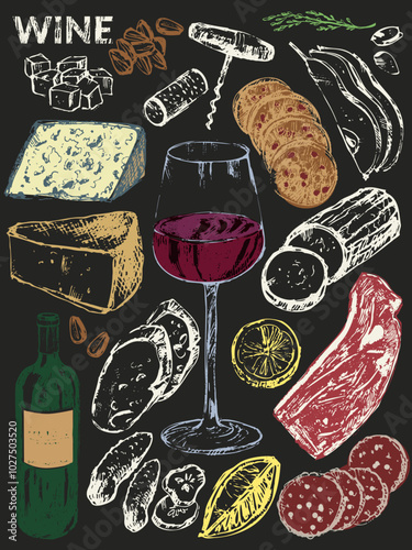 Vector chalk wine background. Wine bottle, wineglass, snack, cork, corkscrew, fruit, cheese, bread