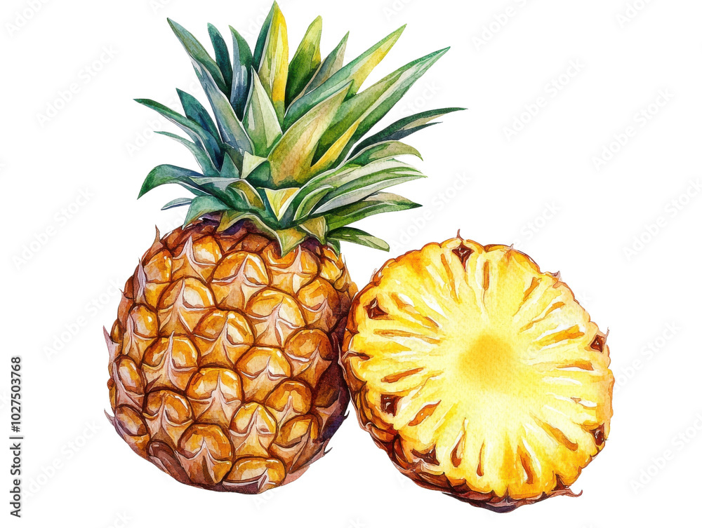 Fresh pineapple with vibrant yellow flesh, isolated on white background. Fresh pineapple with vibrant yellow flesh, isolated on white background.