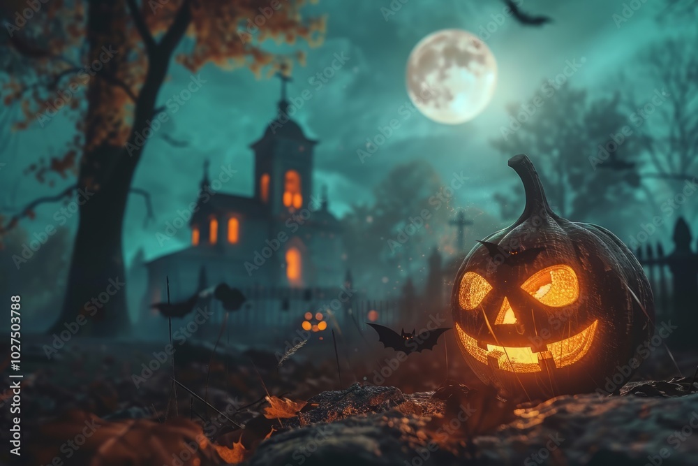 A Halloween scene with a large pumpkin and bats flying around a church A Halloween scene with a large pumpkin and bats flying around a church