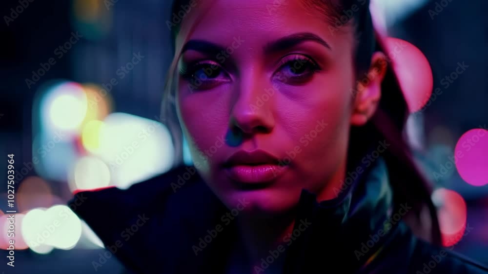 Vibrant urban portrait of a woman at night in pink and blue lights Vibrant urban portrait of a woman at night in pink and blue lights