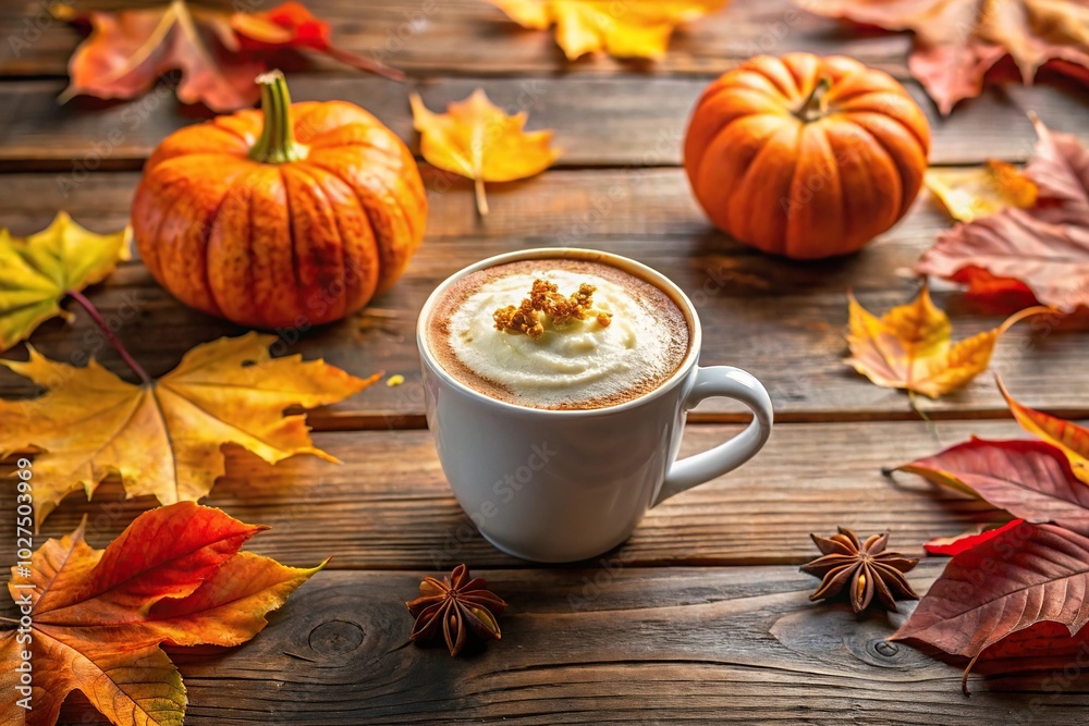Cozy autumn vibe with pumpkin spice latte and fallen leaves copy space Cozy autumn vibe with pumpkin spice latte and fallen leaves copy space