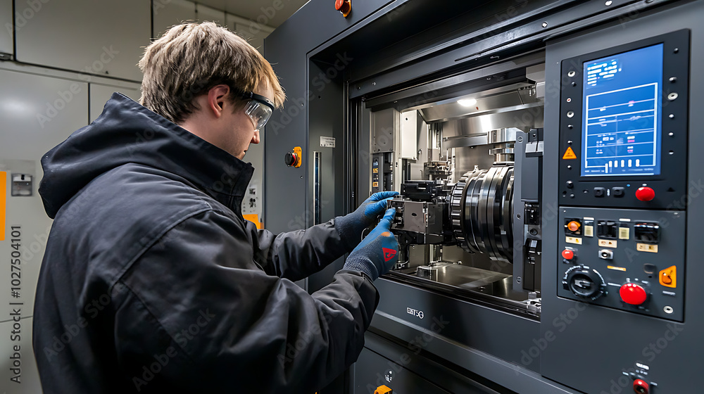 Technician Repairing a CNC Machine: Inside a precision manufacturing plant, a technician is working on a CNC machine, with its panels open. Technician Repairing a CNC Machine: Inside a precision manufacturing plant, a technician is working on a CNC machine, with its panels open.