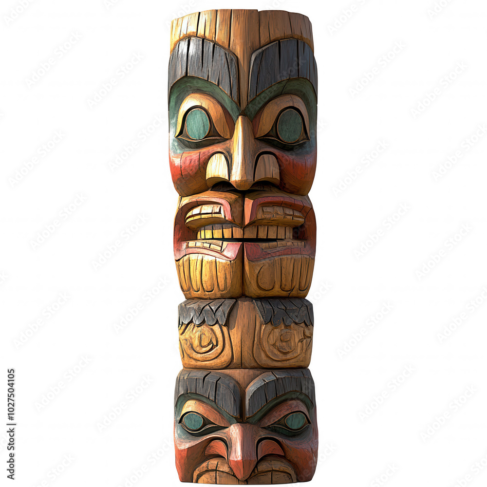 Vibrant Totem Pole with Intricately Carved Faces and Rich Cultural Significance. Vibrant Totem Pole with Intricately Carved Faces and Rich Cultural Significance.