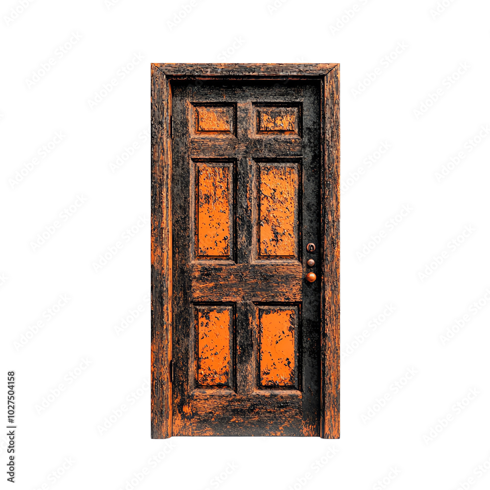 Rustic wooden door with a weathered finish, white isolate background.