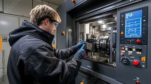 Technician Repairing a CNC Machine: Inside a precision manufacturing plant, a technician is working on a CNC machine, with its panels open.