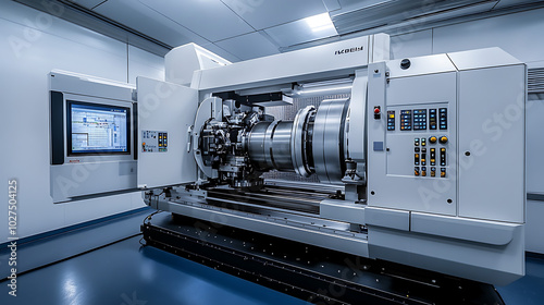 Technician Repairing a CNC Machine: Inside a precision manufacturing plant, a technician is working on a CNC machine, with its panels open.