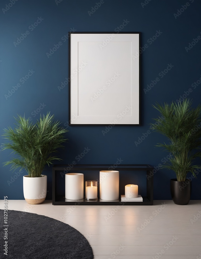 A modern living room interior design with a mock-up template, an empty poster frame on a dark blue wall 3d illustration, and an interior design mock-up image. A modern living room interior design with a mock-up template, an empty poster frame on a dark blue wall 3d illustration, and an interior design mock-up image.