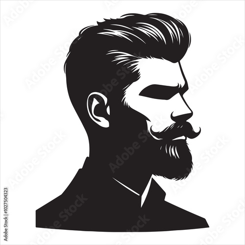 Black silhouette of a man with a stylish full beard and thick mustache, clean lines on a pure white background 