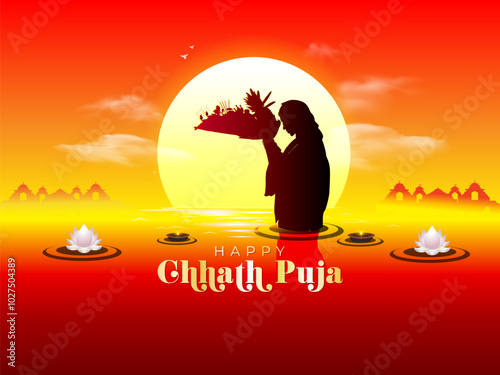 Happy Chhath Puja. Background of Celebrating the Sun prayer festival observed by Indian women.
