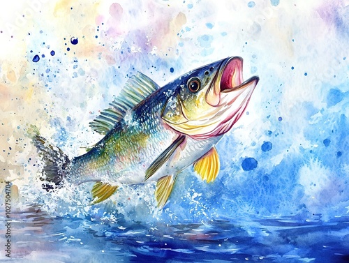 Watercolor painting of a fish leaping out of the water, dynamic splash, minimal style.