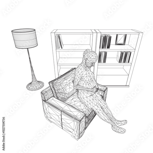 Pregnant woman outline sitting on chair made of black lines isolated on white background. Room with bookcase and chair with pregnant girl. Vector illustration.