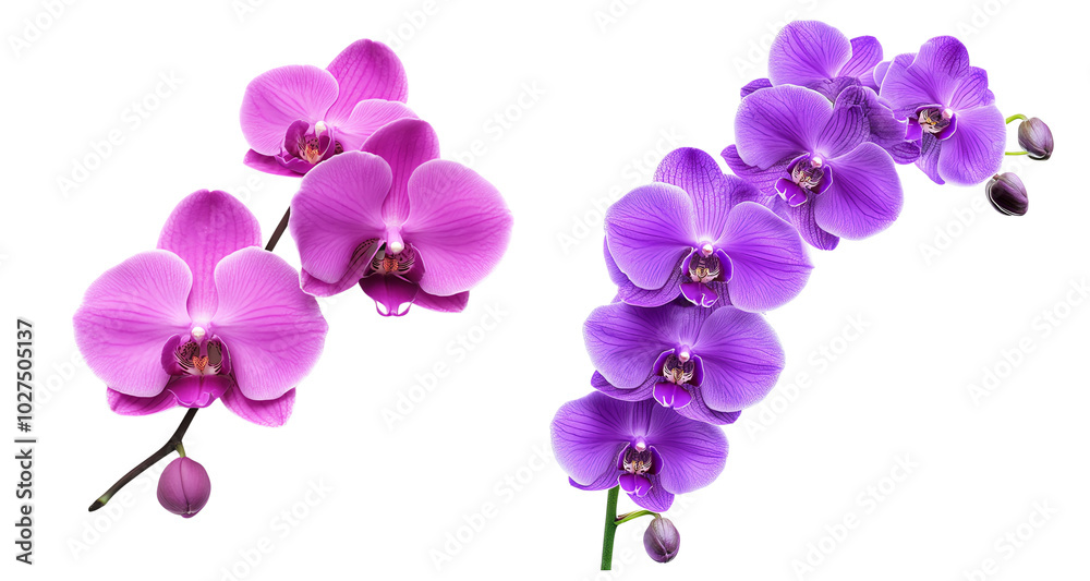 Purple and pink orchid flowers, white isolate background Purple and pink orchid flowers, white isolate background