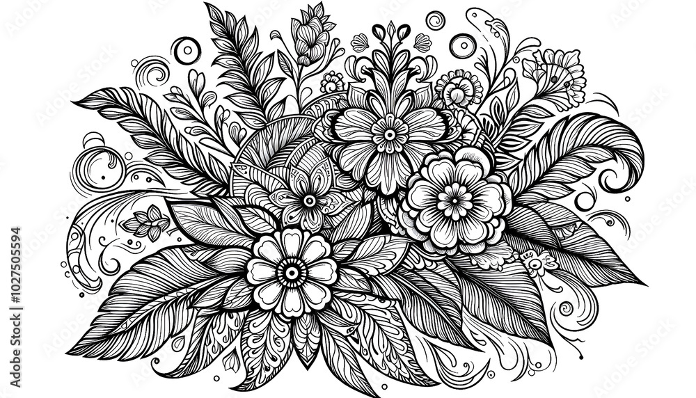 Fototapeta premium Intricate Black and White Floral Line Art Design. generative AI.