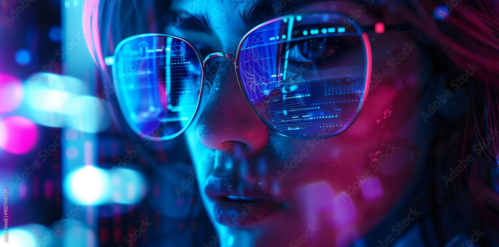 A futuristic woman wearing smart glasses with holographic data and information floating in front of her face. A futuristic woman wearing smart glasses with holographic data and information floating in front of her face.