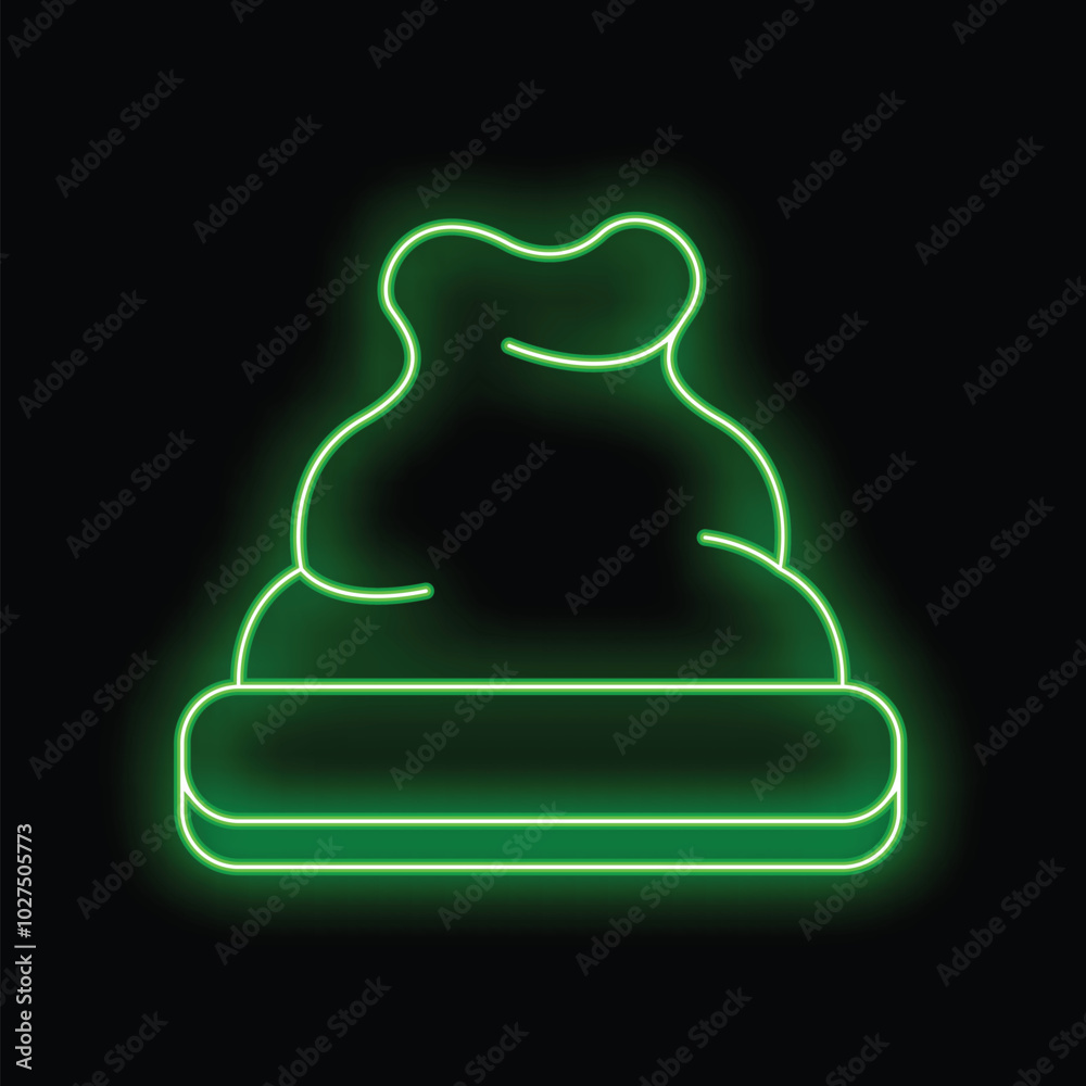 Bright green neon sign depicting a soft woolen winter hat, glowing on a dark background, perfect for winter themed designs Bright green neon sign depicting a soft woolen winter hat, glowing on a dark background, perfect for winter themed designs
