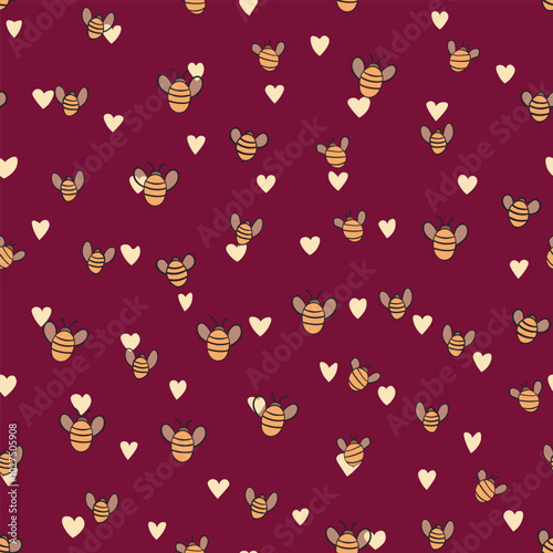 Seamless pattern with bees on color background. Small wasp. Vector illustration. Adorable cartoon character. Template design for invitation, cards, textile, fabric. Doodle style