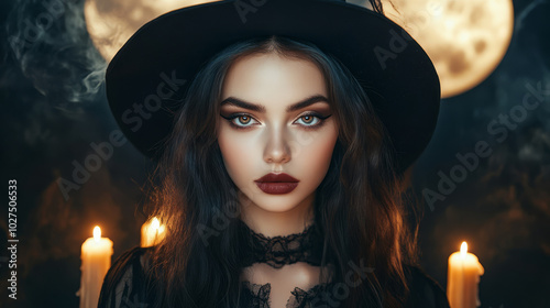 A modern Halloween witch in a stylish black dress and hat, standing under the full moon, surrounded by enchanted candles and spell books, blending elegance with mysticism