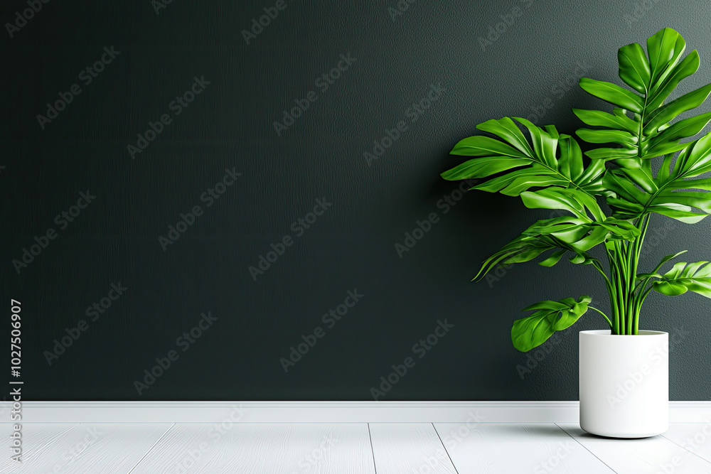 Green plant in a white pot against a dark wall, modern interior decoration. Green plant in a white pot against a dark wall, modern interior decoration.