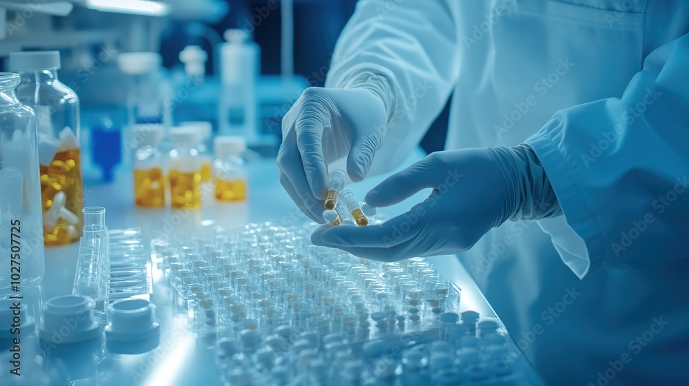 Lab scientists in a pharmaceutical company working on breakthrough medical devices, advancing technology Lab scientists in a pharmaceutical company working on breakthrough medical devices, advancing technology