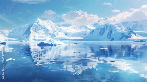 A breathtaking view of a snowy mountain range reflected in the calm waters of a glacial lake.