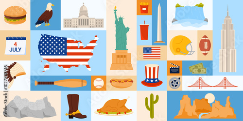 A colorful collage of iconic American symbols showcasing the rich culture, landmarks, and traditions of the nation. Represents the US national identity vector illustration