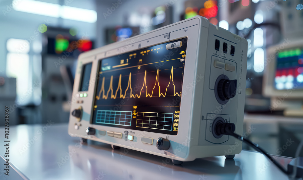 Computer monitor displays a graph of a heart rate. The monitor is connected to a device that is attached to a person's body. Concept of medical technology Computer monitor displays a graph of a heart rate. The monitor is connected to a device that is attached to a person's body. Concept of medical technology