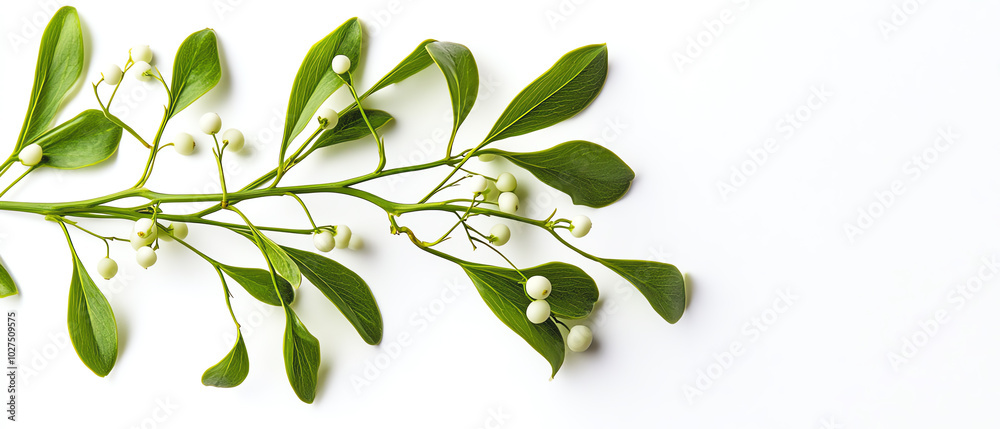 Fototapeta premium Mistletoe branch with green leaves and white berries, white isolated background.