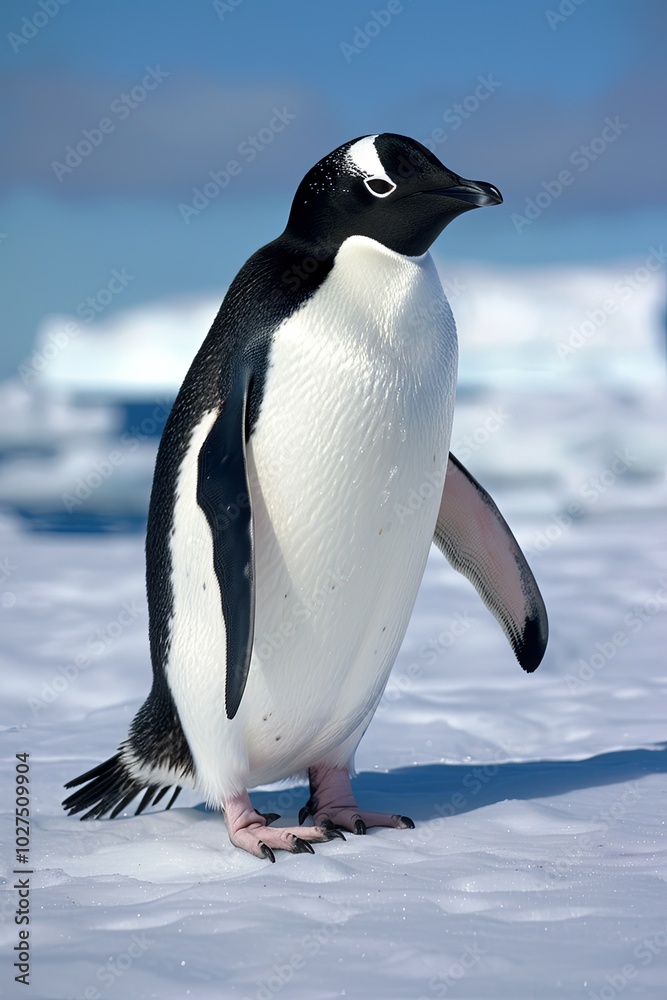 Obraz premium A single penguin stands on a snowy surface with icebergs in the background, under a clear blue sky.