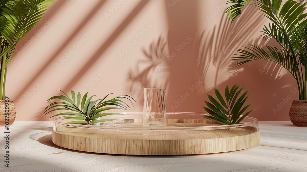 podium for product presentation with palm leaves on the background