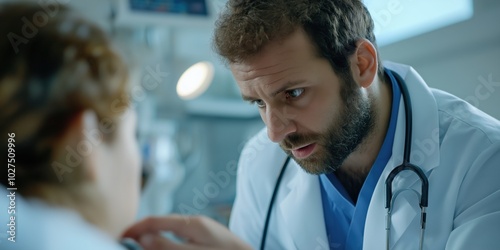 A doctor in a white coat and stethoscope engaging attentively with a patient, illustrating the human connection and empathy in medical communication and care.