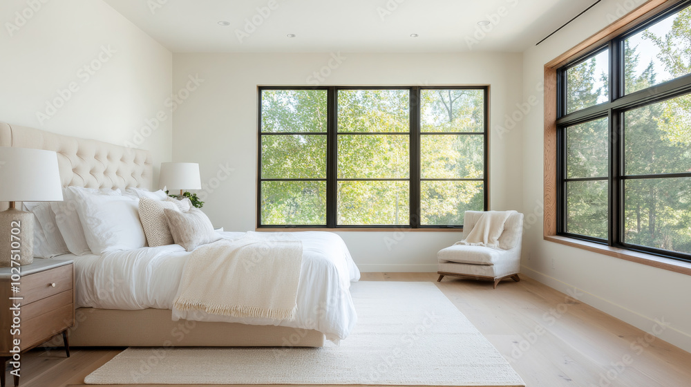 Fototapeta premium A serene bedroom featuring large window with view of lush greenery, cozy bed with white linens, and minimalist design that promotes relaxation and comfort
