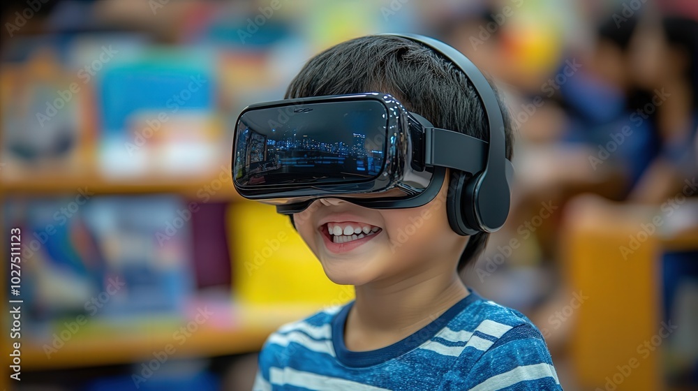 A joyful child wearing virtual reality goggles, exploring new worlds with excitement and wonder in a colorful library setting. A joyful child wearing virtual reality goggles, exploring new worlds with excitement and wonder in a colorful library setting.