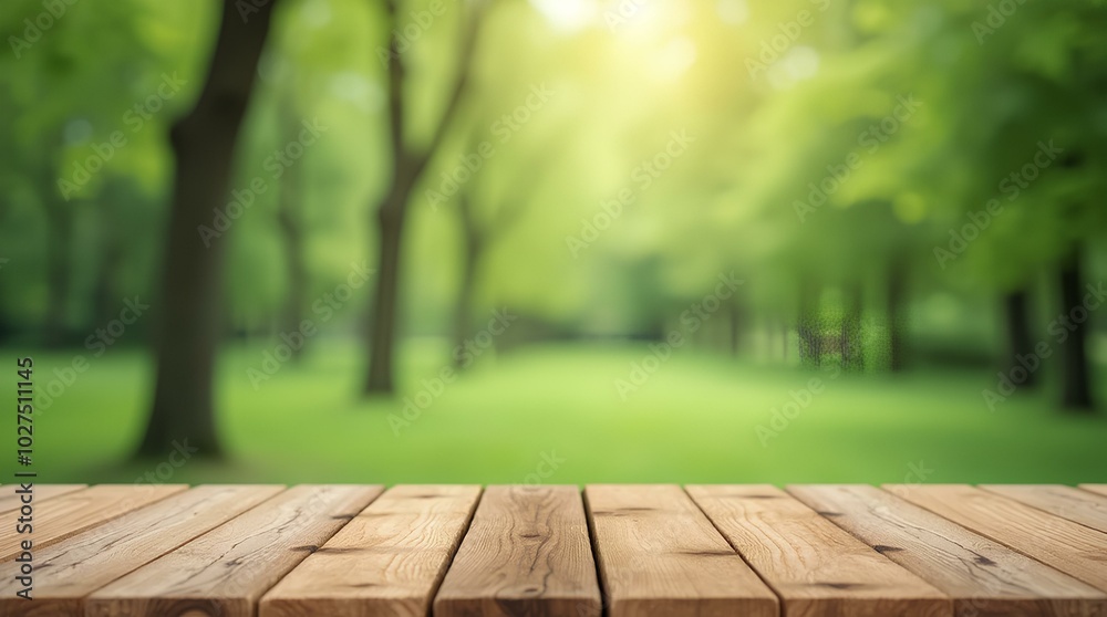 Empty wood table top and blurred green tree in the park garden background - can used for display or montage your products. banner ad sunny green wallpaper for natural or agriculture summer product Empty wood table top and blurred green tree in the park garden background - can used for display or montage your products. banner ad sunny green wallpaper for natural or agriculture summer product