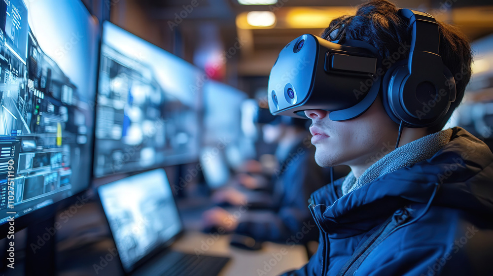 A focused individual wearing a virtual reality headset, engaging with multiple screens in a high-tech environment. A focused individual wearing a virtual reality headset, engaging with multiple screens in a high-tech environment.
