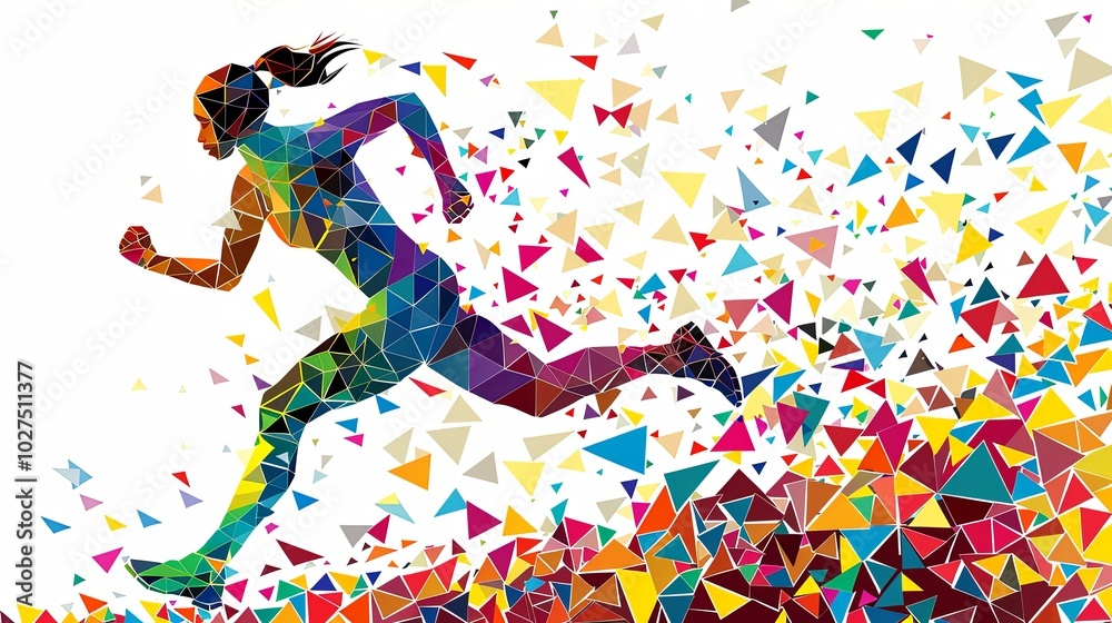 Abstract polygonal illustration of a female runner in motion with a burst of colorful triangles behind her. Abstract polygonal illustration of a female runner in motion with a burst of colorful triangles behind her.