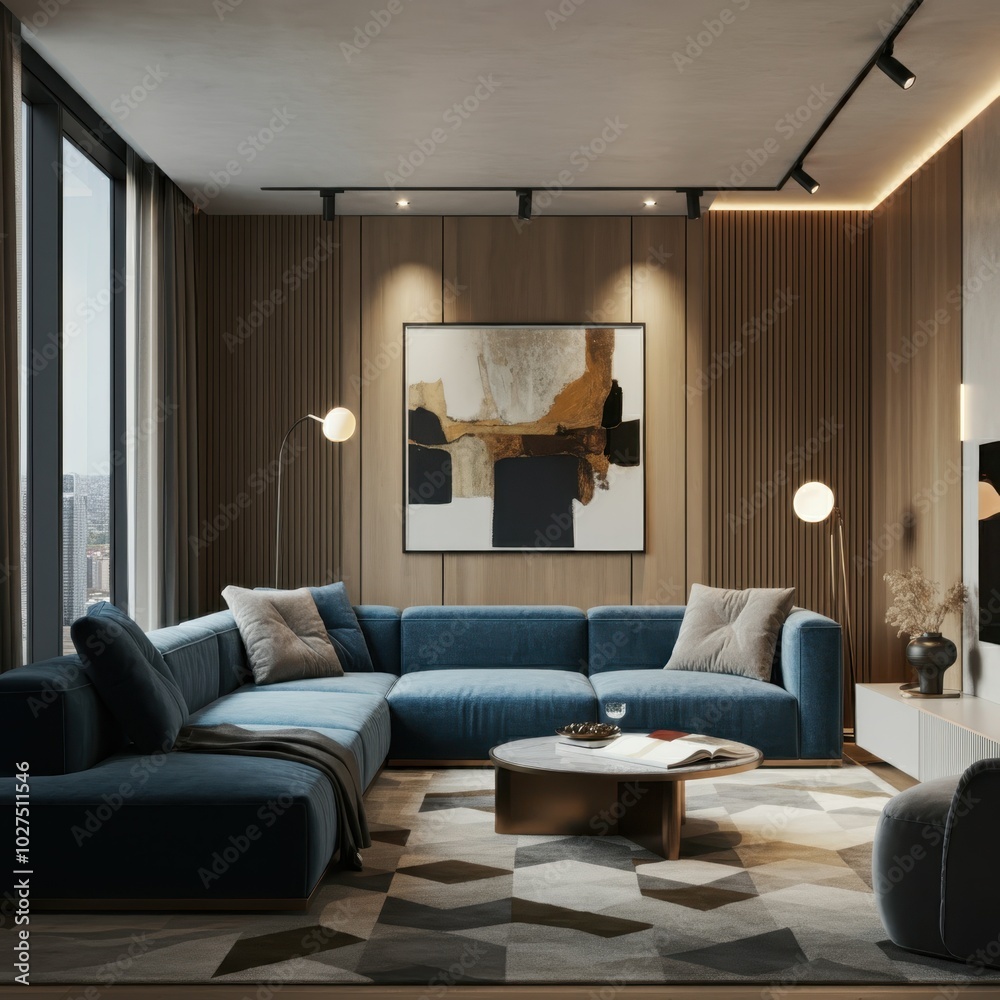 Dark blue corner sofa against of tv unit on wooden paneling wall. Minimalist interior design of modern living room. Dark blue corner sofa against of tv unit on wooden paneling wall. Minimalist interior design of modern living room.