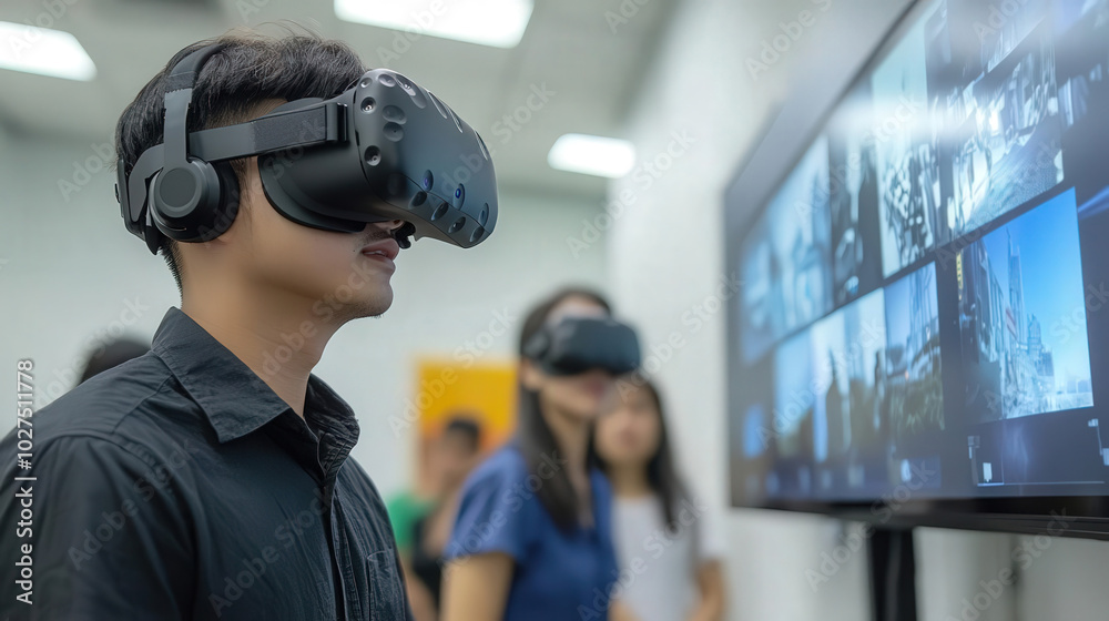 A person experiencing virtual reality in a modern tech environment, showcasing immersive technology and user engagement. A person experiencing virtual reality in a modern tech environment, showcasing immersive technology and user engagement.