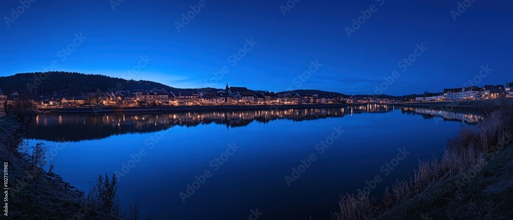 Obraz premium A Twilight Reflection of a Town on a River