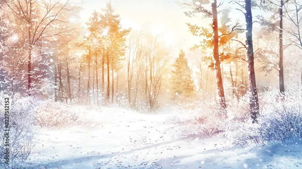 A serene winter landscape with snow-covered trees and soft sunlight filtering through. A serene winter landscape with snow-covered trees and soft sunlight filtering through.