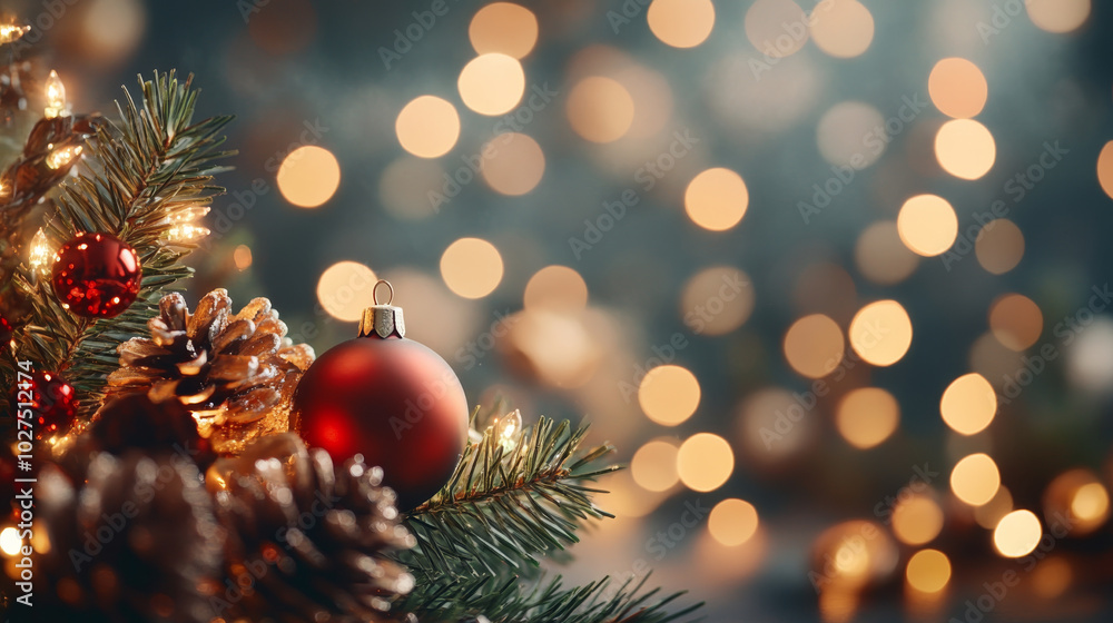 A beautifully decorated Christmas tree with red ornaments and pine cones, surrounded by soft, glowing lights that create warm and festive atmosphere A beautifully decorated Christmas tree with red ornaments and pine cones, surrounded by soft, glowing lights that create warm and festive atmosphere