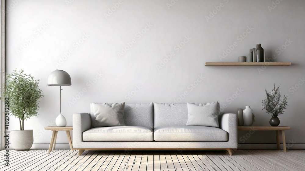 A minimalist living room with a white sofa, a floating shelf, and a lamp. The room has a clean, modern aesthetic A minimalist living room with a white sofa, a floating shelf, and a lamp. The room has a clean, modern aesthetic