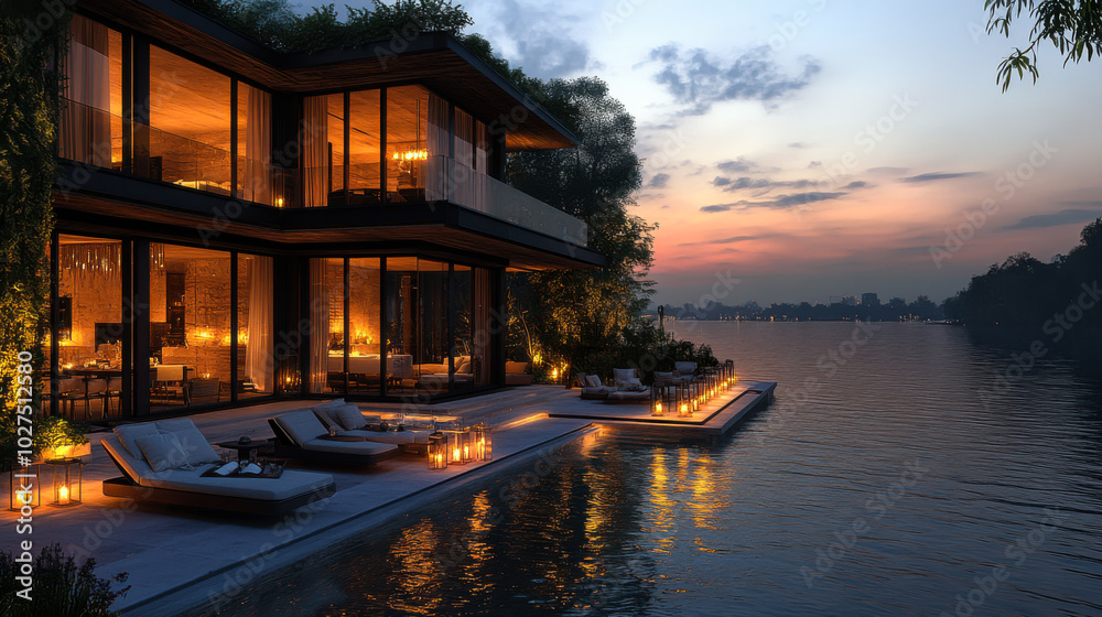 Fototapeta premium Luxury waterfront villa with elegant outdoor seating and serene sunset views over the lake during twilight hours