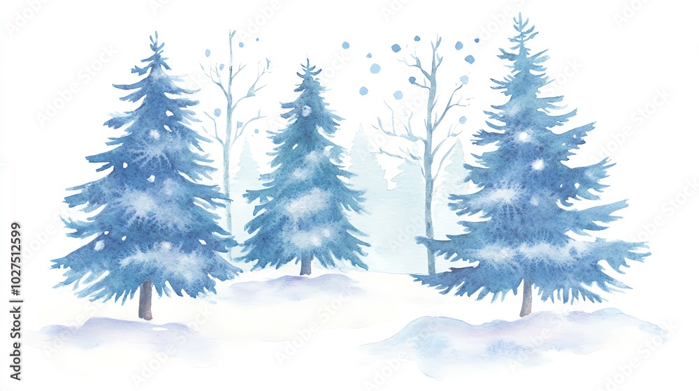 Obraz premium Blue watercolor trees in a snowy landscape, serene winter scene, white isolated background.